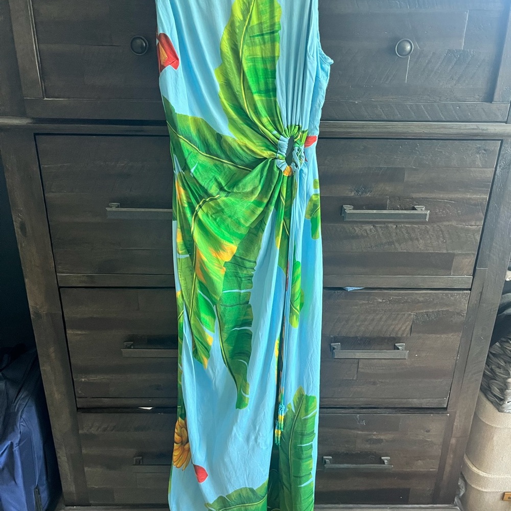 FARM Rio Blue and Green Midi Dress with Tropical Print